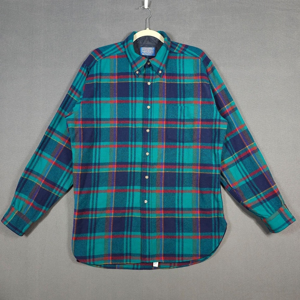 Vintage Pendleton Shirt Mens Large Green Plaid Wool Flannel Button Down Casual
